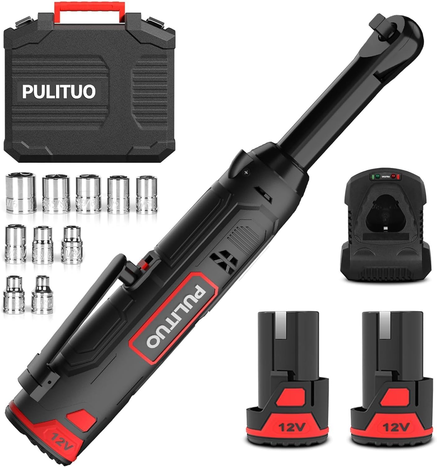PULITUO 12V 3/8" Long Neck Electric Ratchet Wrench, 40Ft-lbs Extended Cordless Ratchet Wrench Kit with 2x2.0Ah Batteries & Fast Charge, 300RPM Variable Speed Ratcheting Wrench with 10 Sockets