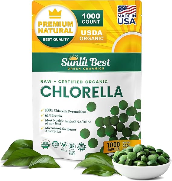 Sunlit Best USDA Organic Premium Chlorella Tablets 1000 Count | 100% Pure Chlorella Superfood Supplement High in Protein, Chlorophyll, Vitamins, Minerals | Supports Good Health, Wellbeing | USDA Certified, Cracked Cell Wall Absorption, 60% Vegan Protein, Chlorophyll Vitamin Minerals, Non GMO, Immune Energy Support