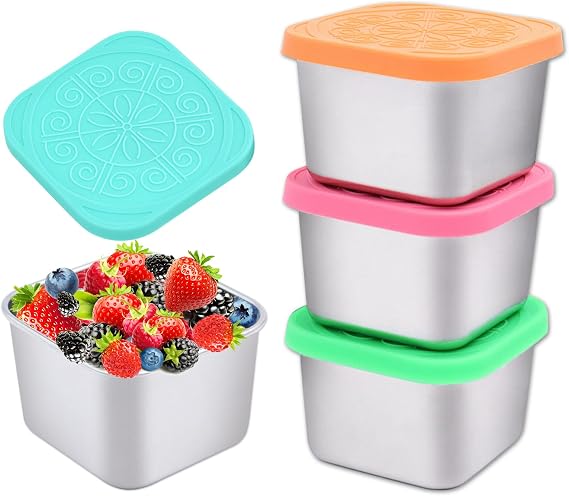 4Pcs Small Food Containers 180ml, 6 Oz Stainless Steel Food Storage Containers with Silicone Lids, Snack boxes Lunch Box for Sauce, Nuts, Fruits