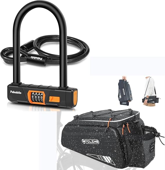 Bike Locks Heavy Duty Anti Theft, Combo Bike U Lock with 5Ft Steel Cable +Bike Bags for Bicycle Rear Rack - 10L EVA Hard Shell Waterproof 3-in-1 Ebike Trunk Pannier Bag