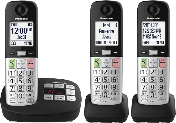 Panasonic Cordless Phone, Easy to Use with Large Display & Big Buttons, Flashing Favorites Key, Flashlight, Call Block, Volume Boost, Talking Caller ID, House Phones, 3 Handsets - KX-TGU433B