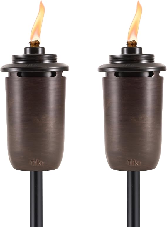 TIKI 2-Pack Honey Copper Outdoor Torches Easy Install Decorative TIKI Torches for Patio, Backyard & Garden Includes Long-Lasting Wicks & Snuffer, Weather-Resistant, Bronze