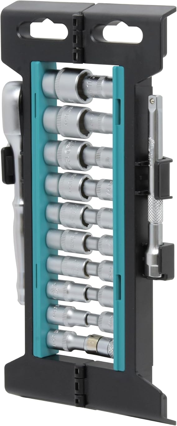 HB 22-Piece Socket Set AGX005-U, 90-Tooth Ratchet 1/4" Drive, Non-Slip Sockets for Rounded or Standard Bolts, Compact Foldable Storage Rack, Chrome Vanadium Steel, Made in Taiwan