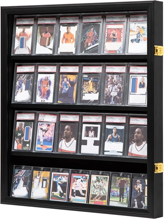 24 Baseball Card Display Case - Lockable Sports Graded Card Display Case Wall Mount with UV Protection Acrylic Door for Baseball Basketball Football Hockey Trading Card Collection