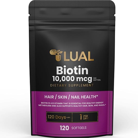 LUAL Biotin 10,000 mcg Hair Skin and Nails Biotin Hair/Skin/Nail Health 10,000 mcg - 120 SoftGels