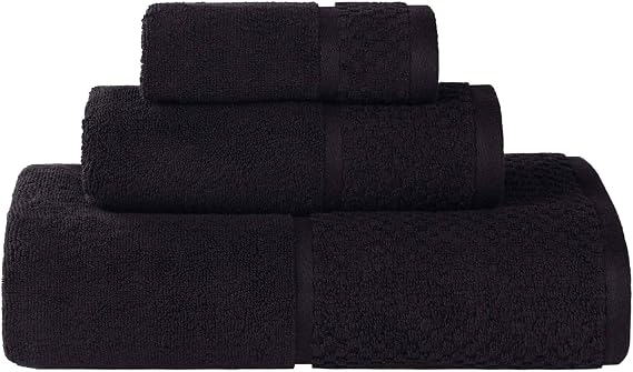 Superior Cotton Bathroom Towel Set, Plush Absorbent, 3 Piece, Black