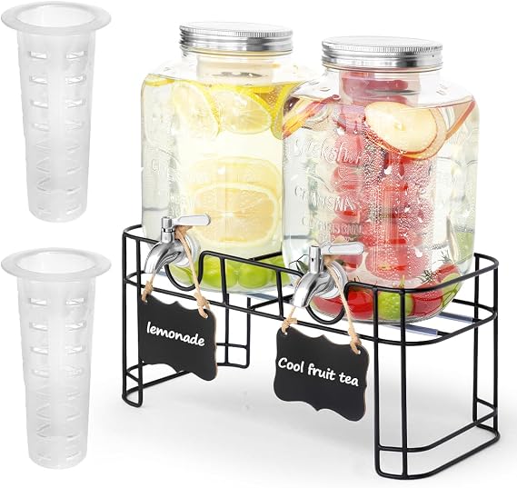 2 x 4L Glass Drink Dispenser with Stand Drink Dispenser Glass Water Juice Dispenser with Spigot Solid Stainless Steel for Iced Juices Water Homemade Drinks Parties Weddings