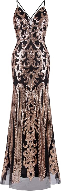 ANGEL FASHIONS Women's V Neck Floral Sequin Lace Up Sheath Long Evening Dress