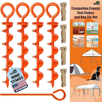 Eurmax USA Canopy Tent Stakes Dog Tie Out Stakes Corkscrew Shape Steel Trampoline Stakes with Iron Rod Installation Tool & 4 Wind Ropes - Set of 4 Orange