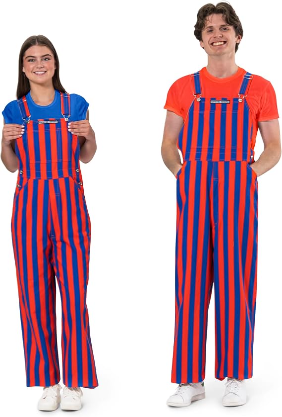 Game Bibs Royal Blue & Orange Adult Striped Game Day Overalls for Men and Women - Sporting Event and Tailgating Attire