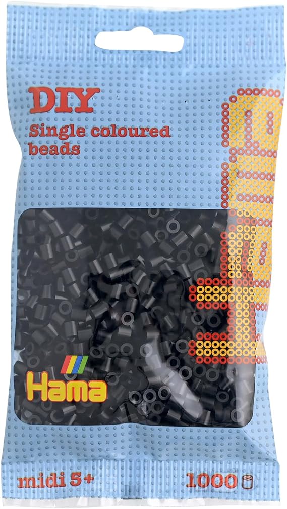 Hama Perlen 207-18 Ironing Beads Bag with Approx. 1,000 Midi Craft Beads with Diameter 5 mm in Black, Creative Craft Fun for Young and Old