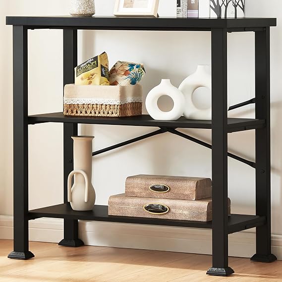 Hombazzar 3 Tier Book Shelf,31.5" Wide Black Short Bookshelf | Multipurpose Design for Living Room,Office,Bedroom. Retro Industrial Design,Stability,Adjustable Feet,Easy Assembly
