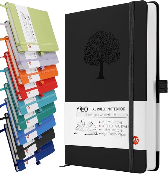 A5 Journal Notebook, 200 Pages Leather Notebook Journal for Men/Women, Hardback Note Book with 80GSM Lined Paper, No Bleed for Writing, Notepad for Office School Supplies, Black