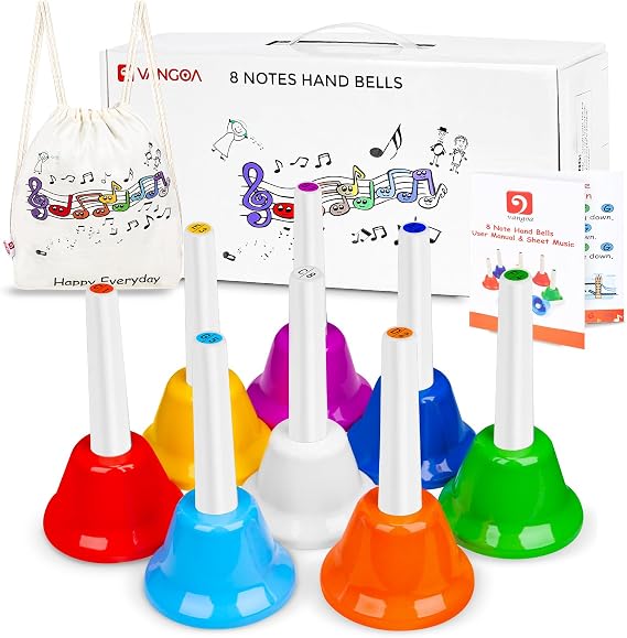 Vangoa Hand Bells Set 8 Note Handbells Set Colorful Diatonic Metal Bells Musical Toy Percussion for Musical Teaching Church Chorus Wedding Family Party