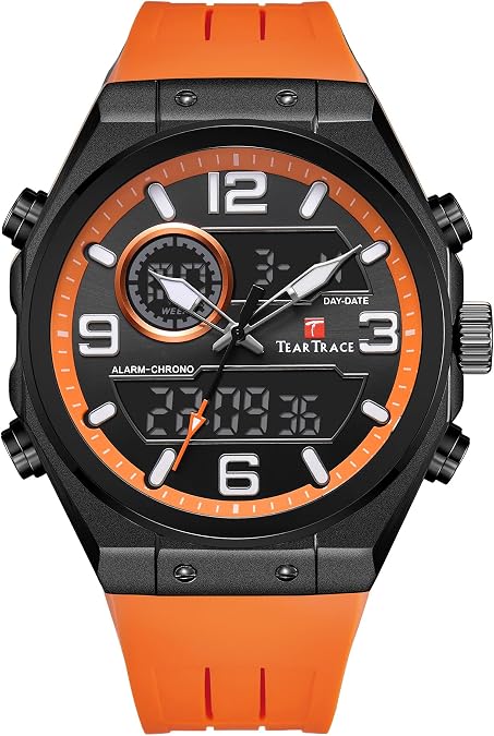 TEARTRACE Mens Watches with Silicone Strap Analog-Digital Waterproof Luminous Chronograph Black/Green/Orange/Bronze Watches for Men, Big Face Sport Work Wrist Watch Relojes para Hombres