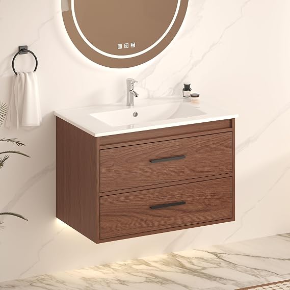 30" Floating Bathroom Vanity with Sink & Soft Close 2 Drawers - Wall Mounted Storage Cabinet for Bathroom, Easy Installation, Reddish Brown