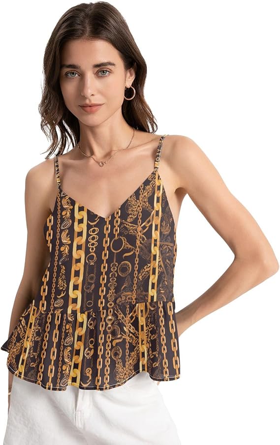 Golden Chain Pattern on Black Background Chestnut Women's Chiffon Adjustable Noodles Straps Tops Pleated Cami Shirts