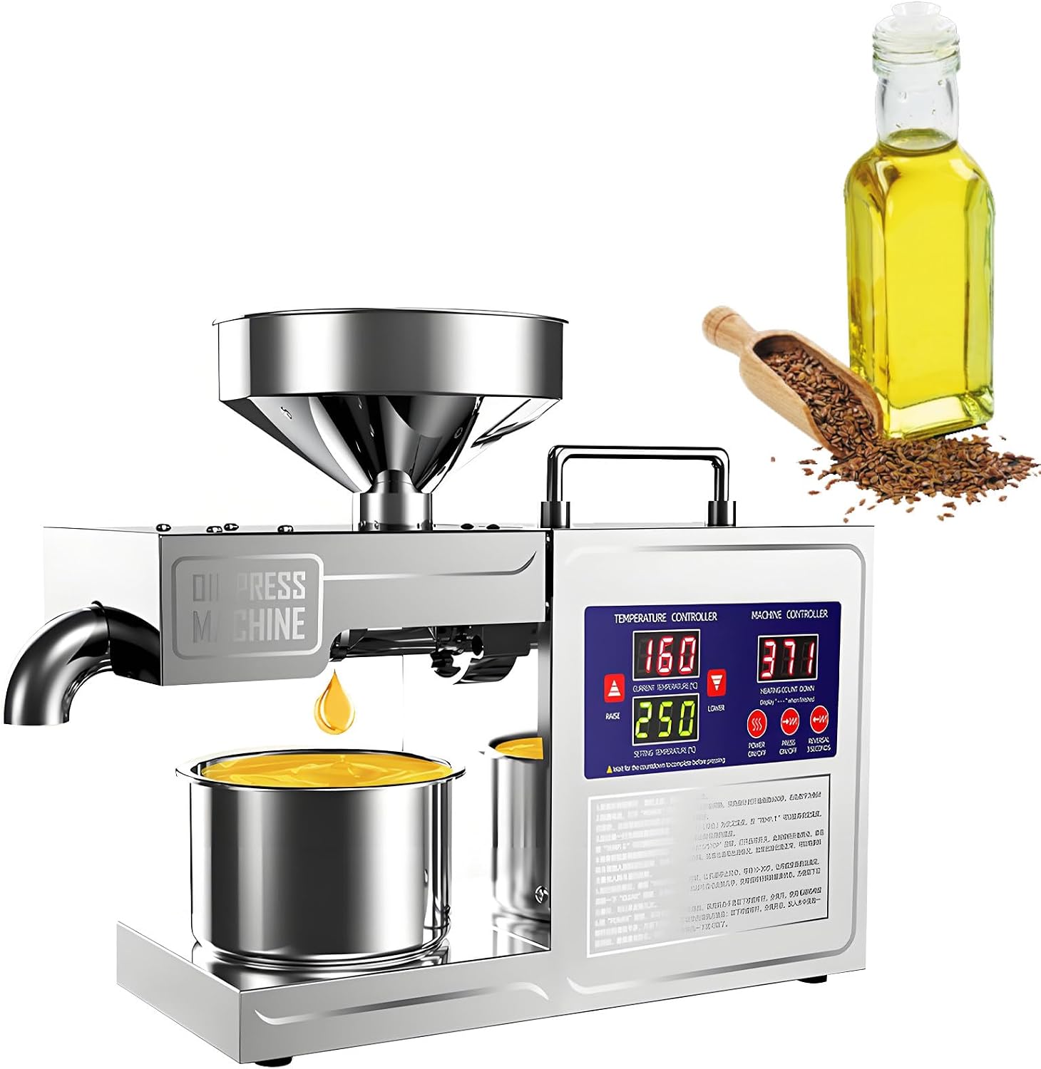 Automatic Electric Oil Press Machine, 1000w Automatic Oil Extractor, Brushless Motor Stainless Steel, for Commercial & Home Kitchen.