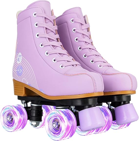 YYW Roller Skates for Girls and Women, Fantastic Pink Purple PU Leather Light Up Kids Youth Roller Skates, Indoor Outdoor