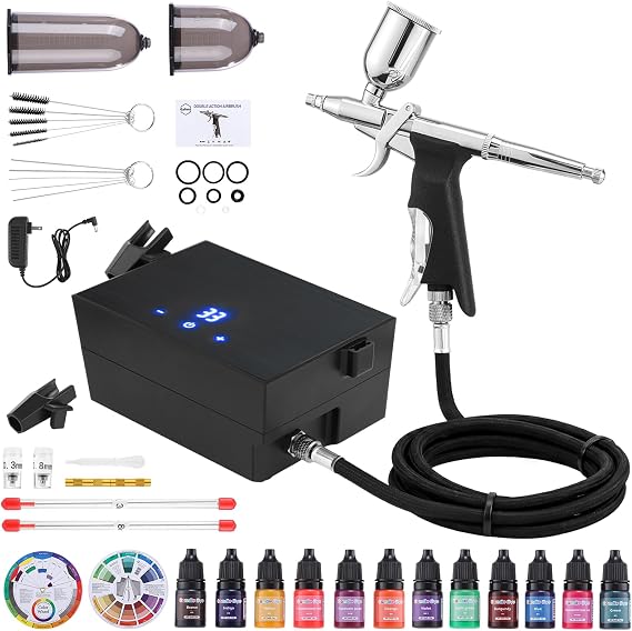 Airbrush Kit With Compressor, 40 Psi, 3 Nozzles, 10 Paints | 5 Pressure Modes, Dual-Action Gravity Feed, Quick-Release 0.3/0.5/0.8Mm Nozzles, For Nail Art, Makeup, Cake Decorating