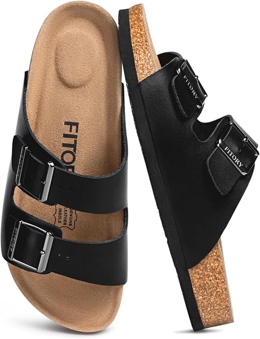 FITORY Mens Leather Sandals, Cork Footbed Slides for Summer