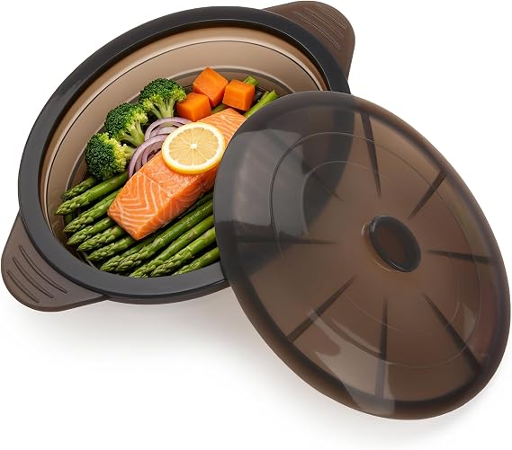 Microwave Steamer Cooker Collapsible Bowl Silicone Baked Potato Cookware with Handle Lid for Vegetables Fish Prep Meal Food with Removable Rack BPA Free Easy to Store Freezer Dishwasher Safe Black