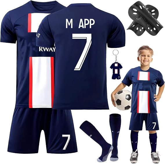 Kids Football Kit, Football Kits for Boys Football Training Shirts with Shorts Socks Football Guard Plate Keychain Football Jersey Boys 2023/24 Home Away New Year's Gift