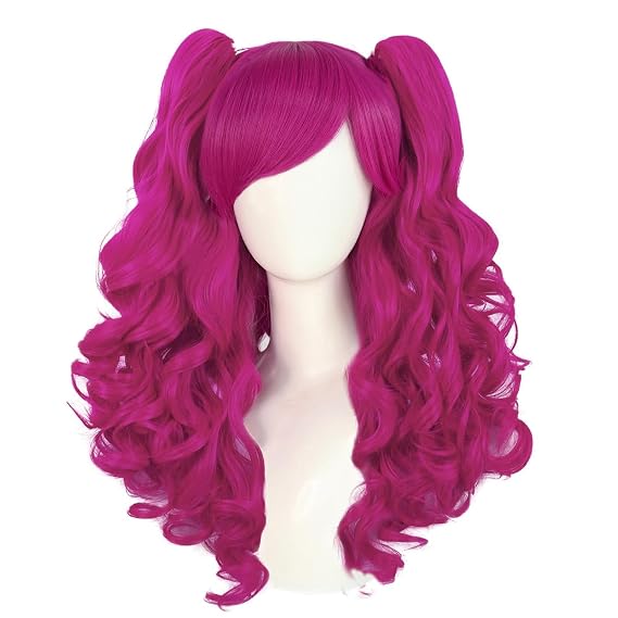 ANOGOL Hot Pink Ponytail Wig Rose Red Lolita Wig Long Pigtail Curly Hair | Hair Cap+Double Ponytails Wig with Bangs Long Red-pink Curly Wigs Anime Pigtails Costume for Women Cosplay Halloween Party