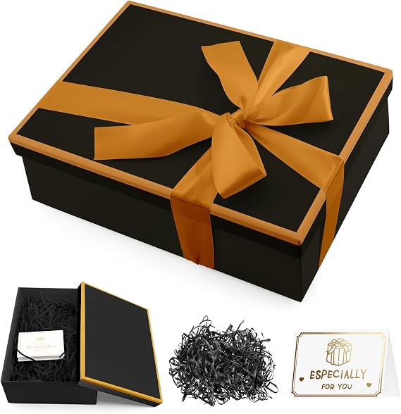 Black Gift Box with Lid, Collapsible Present Box, 25x18x8.5cm