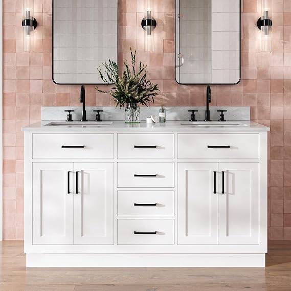 DKB Isabella 60-Inch White Double Bathroom Vanity with Solid Wood Base, Carrara Marble Countertop & Backsplash, 2 Rectangular Undermount Sinks, 4 Soft Closing Doors, 6 Dovetail Drawers