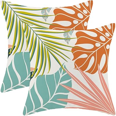 Summer Palm Leaf Pillow Covers 18 x 18 Inch Set of 2 Coral Orange Monstera Green Blue Tropical Leaf Throw Pillows Botanical Outdoor Decorative Pillowcase Linen Cushion Cases for Bed Sofa Couch