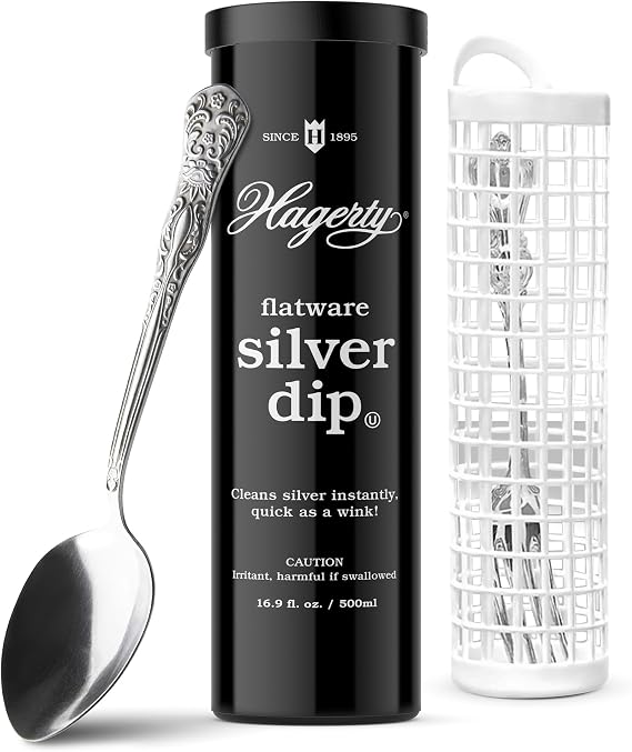 Hagerty Flatware Silver Dip - Silverware Cleaner with Basket for Silver Forks, Knives, Spoons, and Plates, Removes Tarnish Effortlessly - Black, 16.9 Fl Oz Container