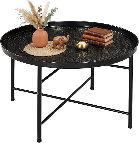 HOMCOM 24" Hammered Round Coffee Table Vintage Metal Side Table Black | Vintage Center Table, Living Room, Bedroom