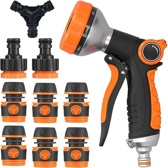 10pc Garden Hose Pipe Connectors and Fittings with Hosepipe Spray Gun - Outside Tap Kit Including 9 Hosepipe Connectors and Hose Pipe Spray Gun - Garden Accessories Outdoor Tap Kit for Watering Plants