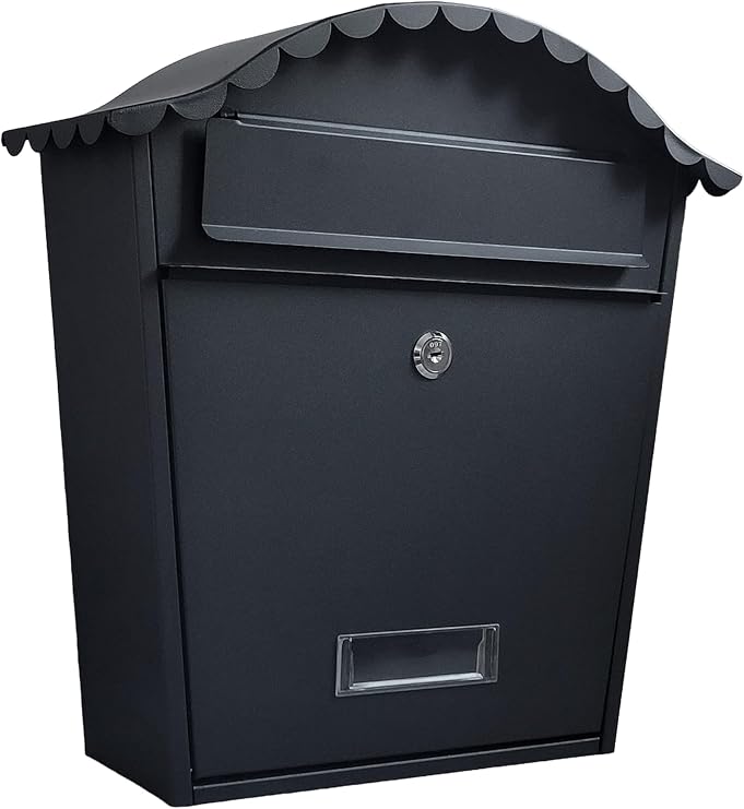 Wall Mounted Post Box in Black with Keys, Weatherproof Lockable Letter Box