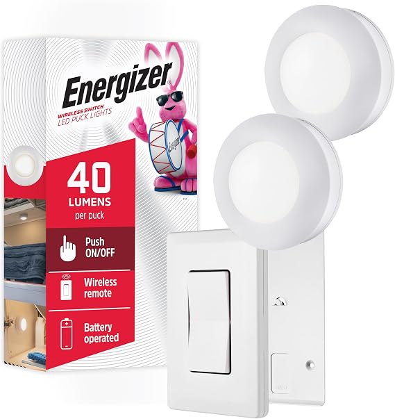 Energizer Battery Powered Puck Lights with Remote Wall Switch, 2 Pack