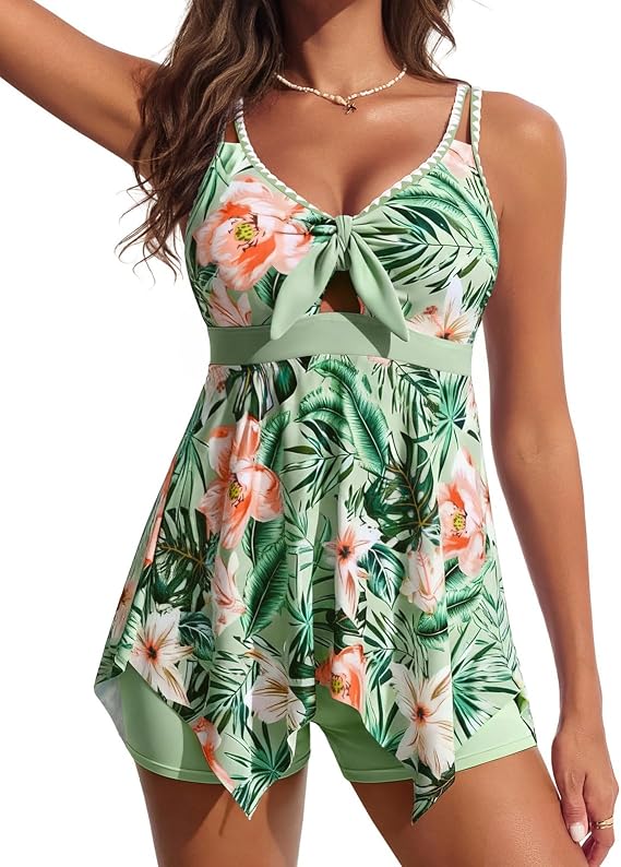Hanna Nikole Tankini Swimsuits for Women Flowy Tummy Control Bathing Suit | V Neck,Double Embroidered Straps,Tie Front,Asymmetrical Hem,Boy Shorts,Floral Printed,Suitable for beach/resort/vacation