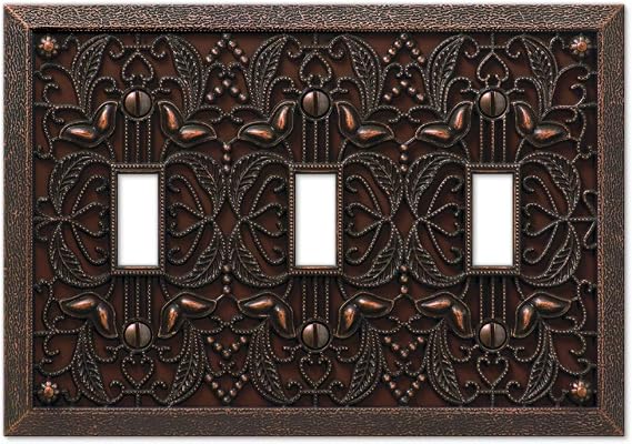 Amerelle 65TTTDB Filigree Wallplate, 3 Toggle, Cast Metal, Aged Bronze, 1-Pack