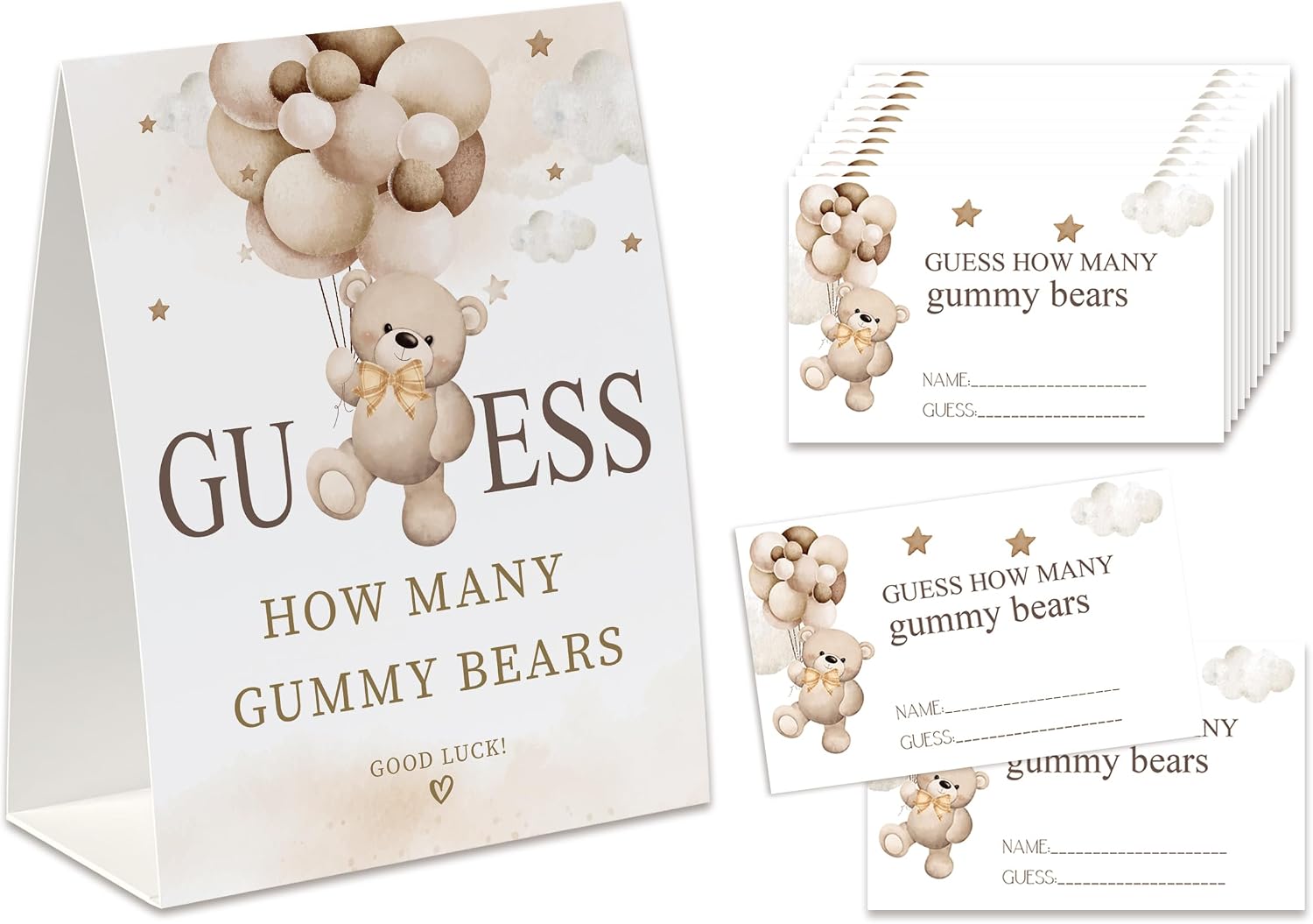 How Many Gummy Bears Baby Shower Game, How Many Candies Game Set 1 Standing Sign  50 Guessing Cards, Bear Guessing Cards, Bear Themed Baby Shower Decorations-GB01