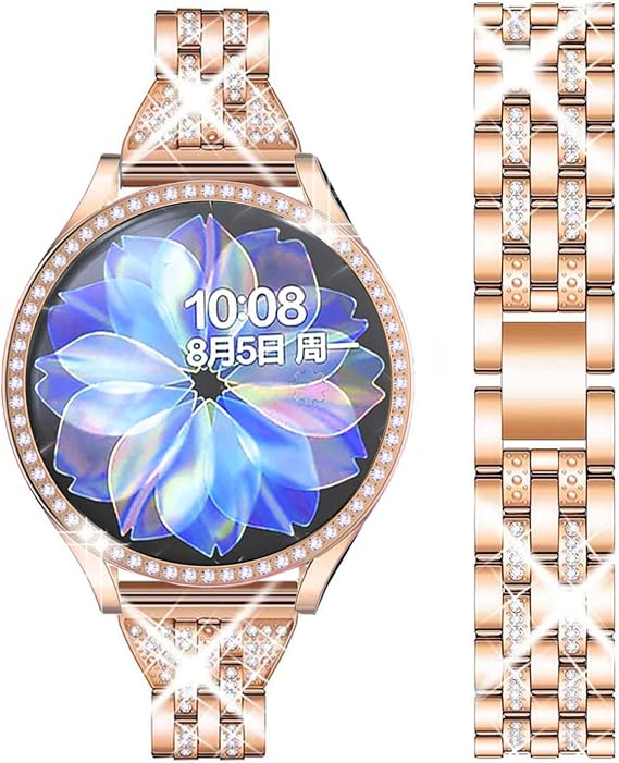 DEALELE Bands Compatible with Samsung Galaxy Watch Active 2 40mm / Active 2 44mm, Shiny Diamond Stainless Steel Metal Strap with Rhinestone Protective Case Cover (Rose gold)