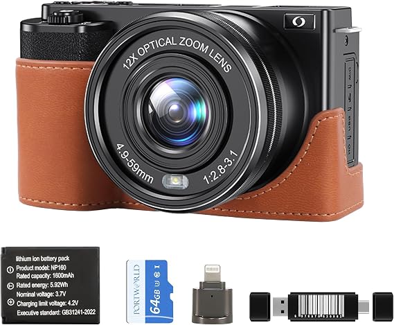 Cameras for Photography 12X Optical Zoom: 64MP 4K Digital Camera with 1/2.8-Inch Sensor, Auto-Focus Video Camera Built-in Wi-Fi Includes 64GB Memory Card