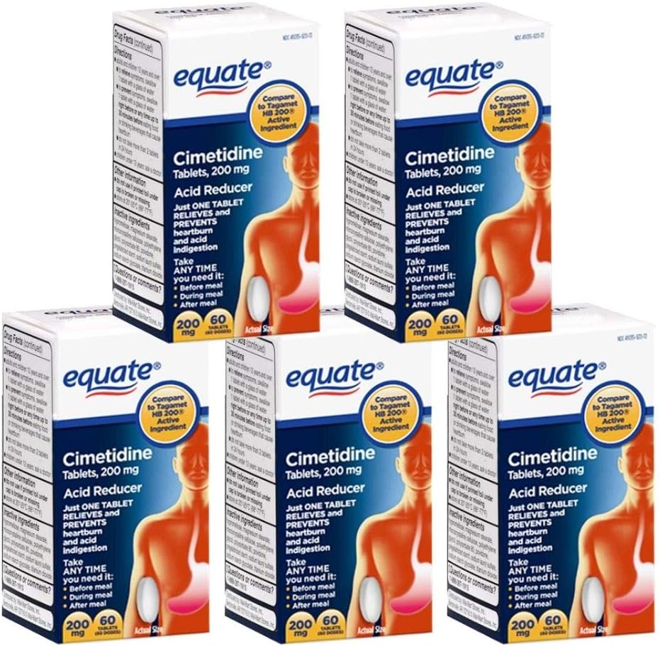 Cimetidine 200 mg - Heartburn Relief, Stomach Acidity Reducer by Equate, 60 Tablets Pack of 5