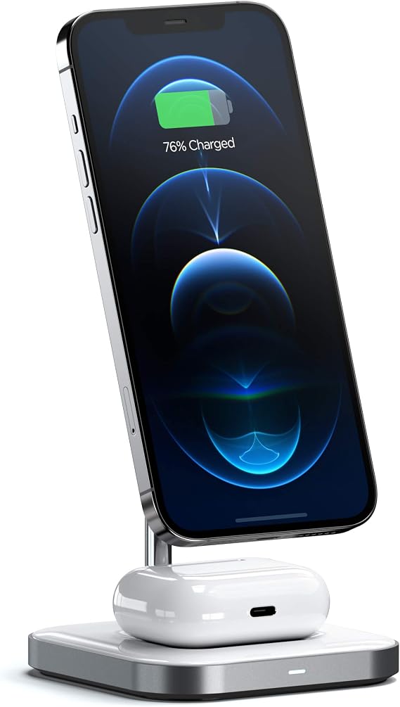Satechi Aluminum 2-in-1 Magnetic Wireless Charging Stand, AirPods Pro 3/2/1 | Compatible with iPhone 12-17, AirPods Pro 3/2/1, AirPods 4/3