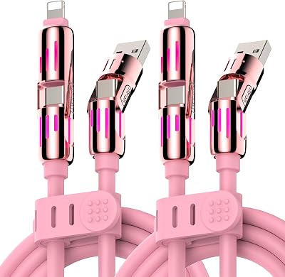 MFish 4-in-1 USB Charging Cable with Carrying Case, 240W Fast Charger Cord, USB-A & Dual USB-C to USB-CLightning, for iPhone 17161514, iPad, MacBook & More PinkPink, 2-Pack 6.6FT