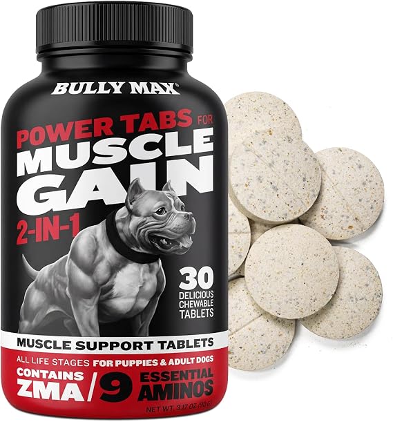 Bully Max 2-in-1 Muscle Builder for Dogs - 9 Amino Acids, Puppy & Dog Vitamins, Supplements for Muscle Gain & Growth - Dog Multivitamin Chewable Tablets for All Breeds & Ages, Made in USA, 30 Tabs