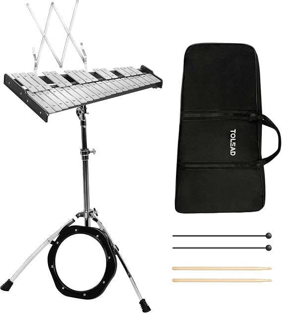 TOLEAD 32 Notes Glockenspiel Kit Xylophone Bell Percussion Instruments with Adjustable Height Stand, Practice Pad Mallets & Wooden Drumsticks, Portable Carrying Bag