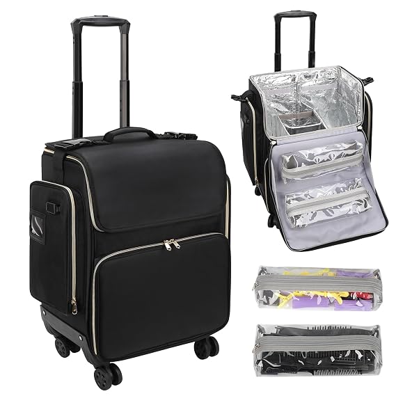 Large Makeup Train Case for Hairstylists & Hairdressers - Cosmetic Organizer with Detachable Pouch, Heat-Insulated & Anti-Scald Full Layer, Hairdressing Tool Storage Trolley with 4 360 Swivel Wheels
