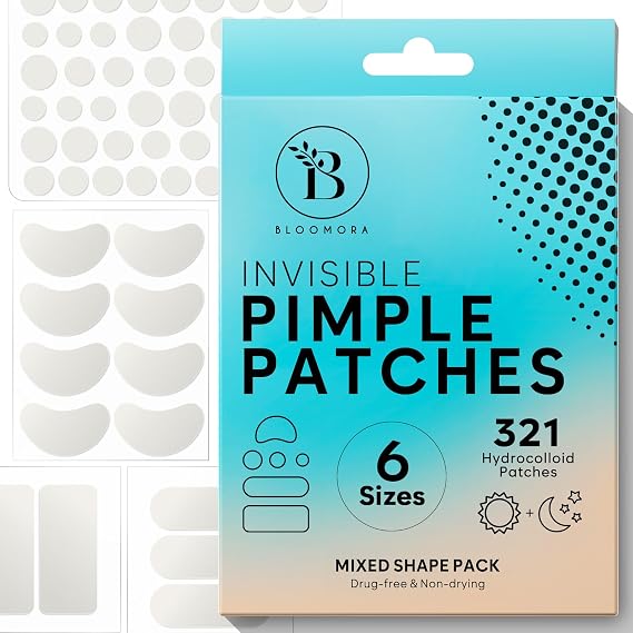 BLOOMORA Large Pimple Patches for Face, Hydrocolloid Pimple Patches, Variety Shapes Zit Stickers, Pimple Spot Care, Pimple Spot Care, Round, Moon, Rectangle, Oval (6 Sizes, 321 Count)