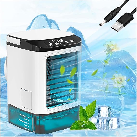 Cold Air Fan with Ice Box and Mist Function 2024 Upgraded Cooling Sensation, 4 in 1 Device Cooling Fan, Silent Noise Reduction, 900 ML Water Tank, 3 Levels of Wind Speed, 7 Color LED Included, Cold