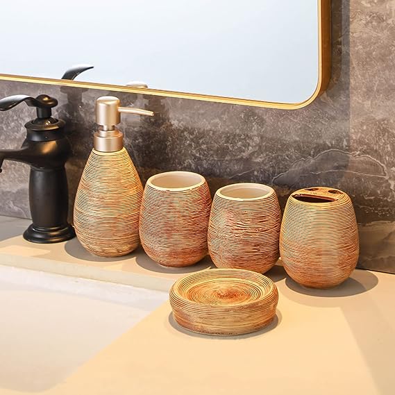 Bathroom Accessory Set 5 Pcs Modern Ceramic Striped Finish Include Lotion Dispenser, Toothbrush Holder, 2 Tumbler, Soap Dish,Brown